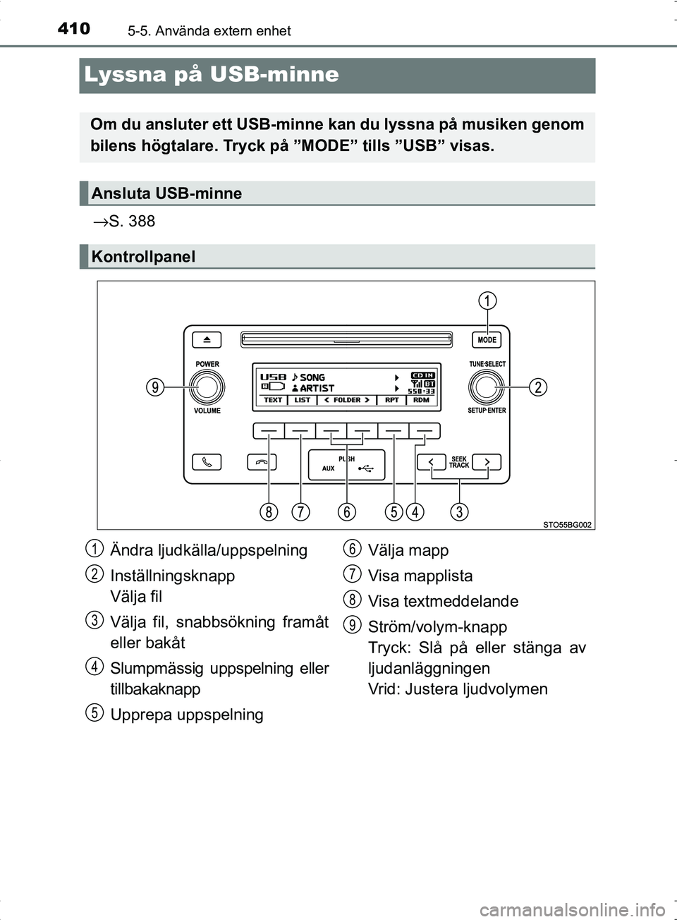 TOYOTA C_HR HYBRID 2016 Bruksanvisningar (in Swedish) 4105-5. Använda extern enhet
OM10538SE
Lyssna på USB-minne
→S. 388
Om du ansluter ett USB-minne kan du lyssna på musiken genom
bilens högtalare. Tryck på ”MODE” tills ”USB” visas.
Ansl TOYOTA C_HR HYBRID 2016 Bruksanvisningar (in Swedish) 4105-5. Använda extern enhet
OM10538SE
Lyssna på USB-minne
→S. 388
Om du ansluter ett USB-minne kan du lyssna på musiken genom
bilens högtalare. Tryck på ”MODE” tills ”USB” visas.
Ansl