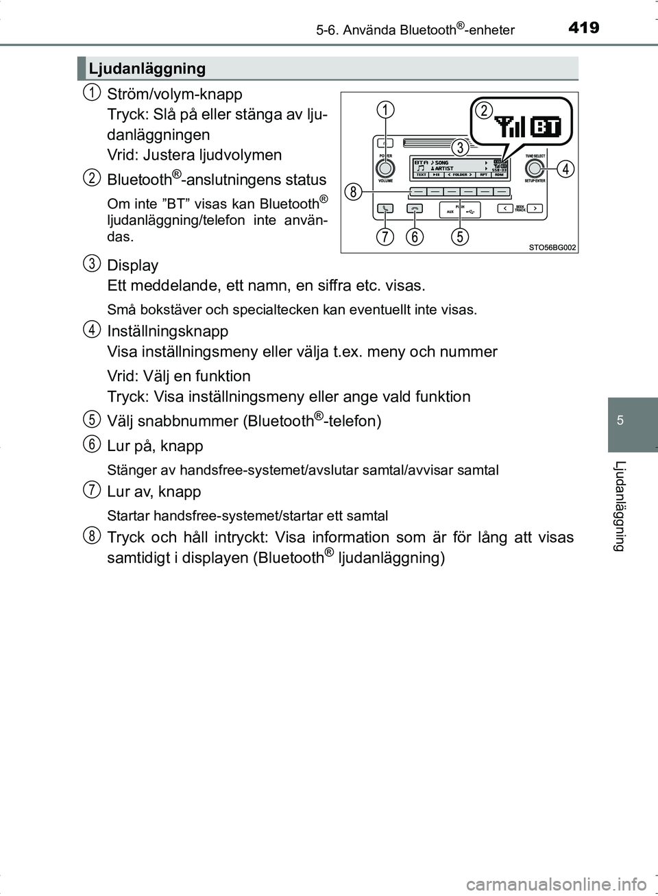 TOYOTA C_HR HYBRID 2016 Bruksanvisningar (in Swedish) 4195-6. Använda Bluetooth®-enheter
5
Ljudanläggning
OM10538SE
Ström/volym-knapp
Tryck: Slå på eller stänga av lju-
danläggningen
Vrid: Justera ljudvolymen
Bluetooth
®-anslutningens status
Om TOYOTA C_HR HYBRID 2016 Bruksanvisningar (in Swedish) 4195-6. Använda Bluetooth®-enheter
5
Ljudanläggning
OM10538SE
Ström/volym-knapp
Tryck: Slå på eller stänga av lju-
danläggningen
Vrid: Justera ljudvolymen
Bluetooth
®-anslutningens status
Om