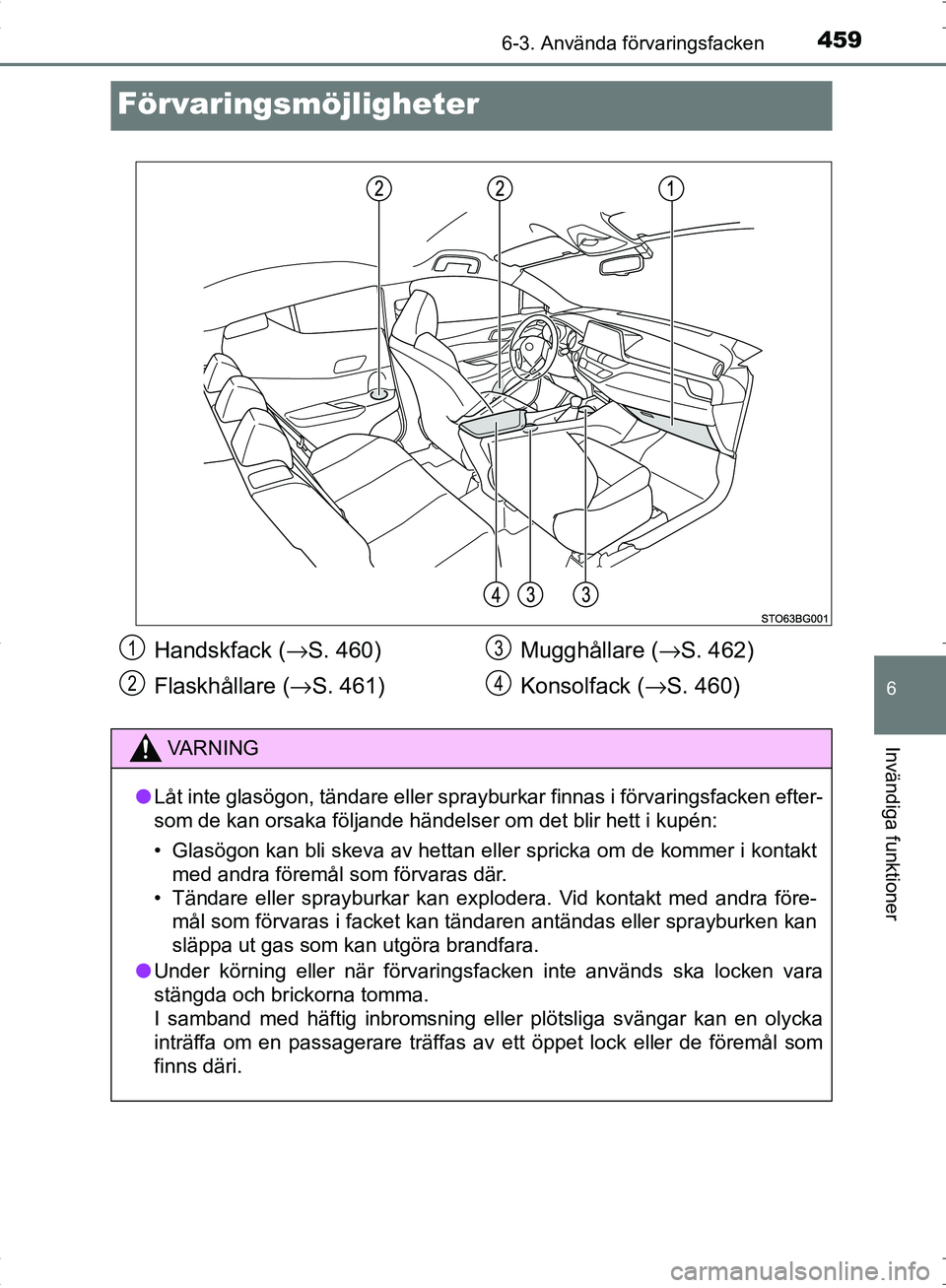 TOYOTA C_HR HYBRID 2016 Bruksanvisningar (in Swedish) 4596-3. Använda förvaringsfacken
OM10538SE
6
Invändiga funktioner
Förvaringsmöjligheter
Handskfack (→S. 460)
Flaskhållare ( →S. 461) Mugghållare (
→S. 462)
Konsolfack ( →S. 460)1
2
3
4
TOYOTA C_HR HYBRID 2016 Bruksanvisningar (in Swedish) 4596-3. Använda förvaringsfacken
OM10538SE
6
Invändiga funktioner
Förvaringsmöjligheter
Handskfack (→S. 460)
Flaskhållare ( →S. 461) Mugghållare (
→S. 462)
Konsolfack ( →S. 460)1
2
3
4