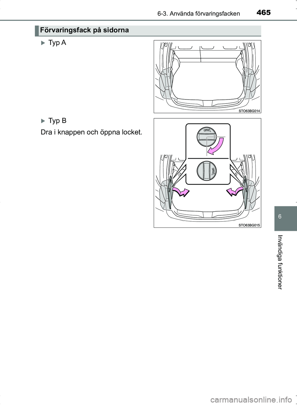 TOYOTA C_HR HYBRID 2016  Bruksanvisningar (in Swedish) 4656-3. Använda förvaringsfacken
OM10538SE
6
Invändiga funktioner
Ty p  A
Ty p  B
Dra i knappen och öppna locket.
Förvaringsfack på sidorna
OM10538SE.book  Page 465  Thursday, November 24,