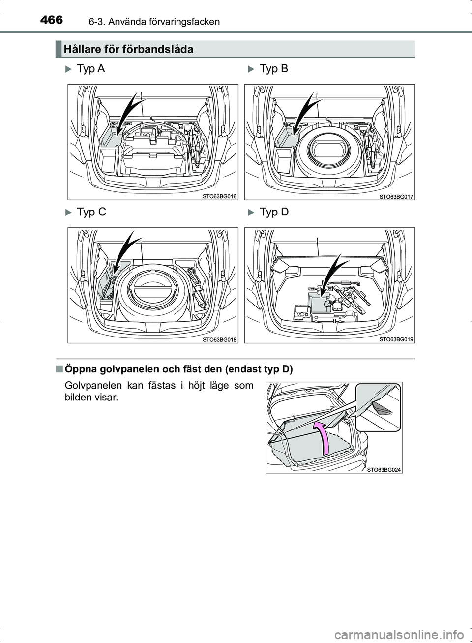 TOYOTA C_HR HYBRID 2016  Bruksanvisningar (in Swedish) 4666-3. Använda förvaringsfacken
OM10538SE
■Öppna golvpanelen och fäst den (endast typ D)
Hållare för förbandslåda
Ty p  ATy p  B
Ty p  CTy p  D
Golvpanelen kan fästas i höjt l