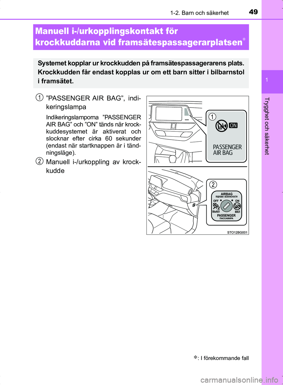 TOYOTA C_HR HYBRID 2016  Bruksanvisningar (in Swedish) 491-2. Barn och säkerhet
1
Trygghet och säkerhet
OM10538SE
Manuell i-/urkopplingskontakt för 
krockkuddarna vid framsätespassagerarplatsen
∗
”PASSENGER AIR  BAG”,  indi-
keringslampa
Indiker