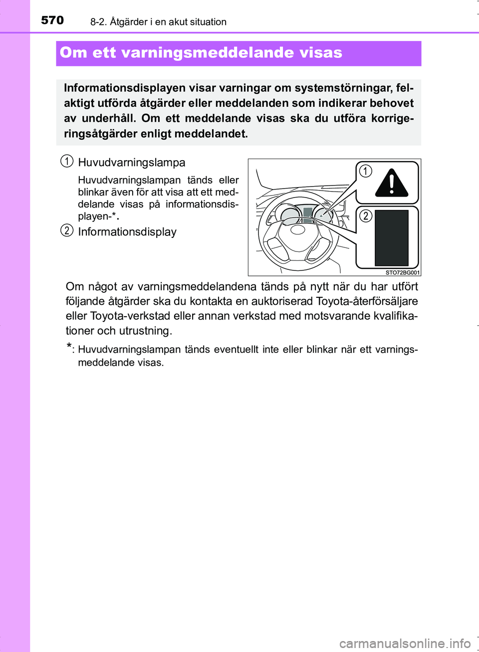TOYOTA C_HR HYBRID 2016 Bruksanvisningar (in Swedish) 5708-2. Åtgärder i en akut situation
OM10538SE
Om ett varningsmeddelande visas
Huvudvarningslampa
Huvudvarningslampan tänds eller
blinkar även för att visa att ett med-
delande visas på informat TOYOTA C_HR HYBRID 2016 Bruksanvisningar (in Swedish) 5708-2. Åtgärder i en akut situation
OM10538SE
Om ett varningsmeddelande visas
Huvudvarningslampa
Huvudvarningslampan tänds eller
blinkar även för att visa att ett med-
delande visas på informat