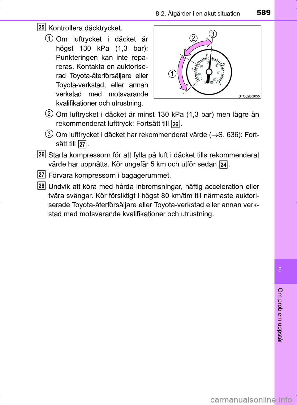 TOYOTA C_HR HYBRID 2016  Bruksanvisningar (in Swedish) 5898-2. Åtgärder i en akut situation
OM10538SE
8
Om problem uppstår
Kontrollera däcktrycket.
Om luftrycket i däcket är
högst 130 kPa (1,3 bar):
Punkteringen kan inte repa-
reras. Kontakta en au