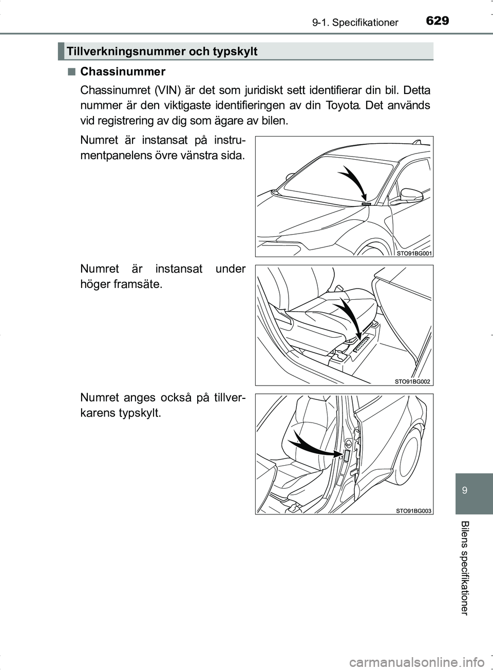 TOYOTA C_HR HYBRID 2016  Bruksanvisningar (in Swedish) 6299-1. Specifikationer
OM10538SE
9
Bilens specifikationer
■Chassinummer
Chassinumret (VIN) är det som juridiskt sett identifierar din bil. Detta
nummer är den viktigaste identifieringen av din  T