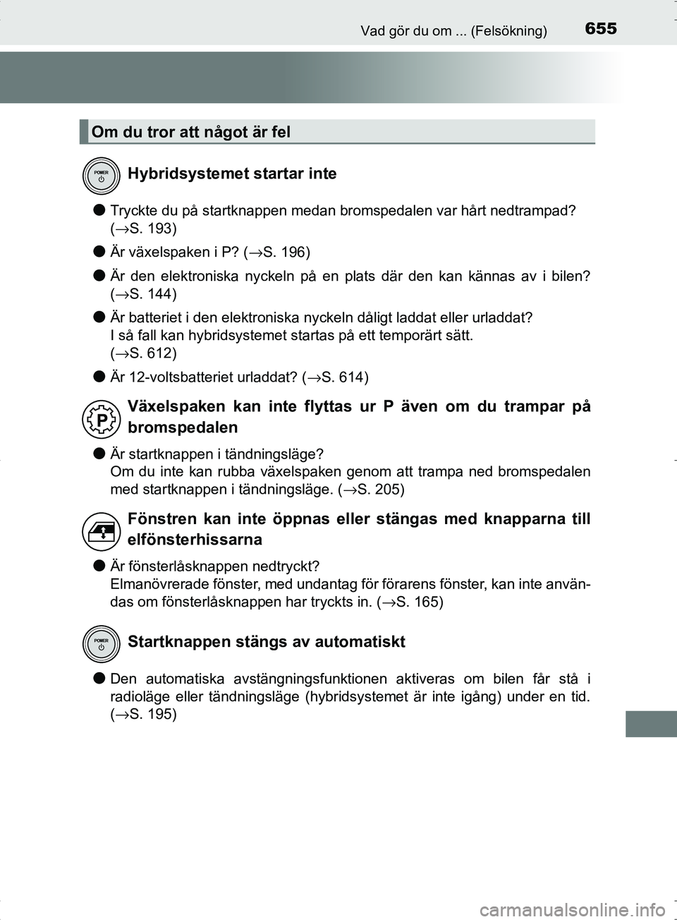 TOYOTA C_HR HYBRID 2016 Bruksanvisningar (in Swedish) 655Vad gör du om ... (Felsökning)
OM10538SE
●Tryckte du på startknappen medan bromspedalen var hårt nedtrampad?
(→S. 193)
●Är växelspaken i P? ( →S. 196)
●Är den elektroniska nyckeln TOYOTA C_HR HYBRID 2016 Bruksanvisningar (in Swedish) 655Vad gör du om ... (Felsökning)
OM10538SE
●Tryckte du på startknappen medan bromspedalen var hårt nedtrampad?
(→S. 193)
●Är växelspaken i P? ( →S. 196)
●Är den elektroniska nyckeln