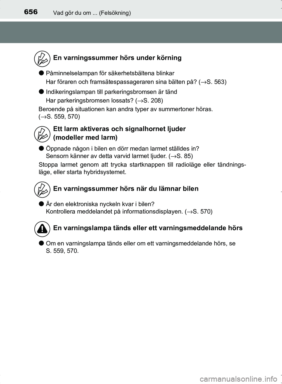 TOYOTA C_HR HYBRID 2017 Bruksanvisningar (in Swedish) 656Vad gör du om ... (Felsökning)
OM10538SE
●Påminnelselampan för säkerhetsbältena blinkar
Har föraren och framsätespassageraren sina bälten på? (→S. 563)
●Indikeringslampan till parke TOYOTA C_HR HYBRID 2017 Bruksanvisningar (in Swedish) 656Vad gör du om ... (Felsökning)
OM10538SE
●Påminnelselampan för säkerhetsbältena blinkar
Har föraren och framsätespassageraren sina bälten på? (→S. 563)
●Indikeringslampan till parke