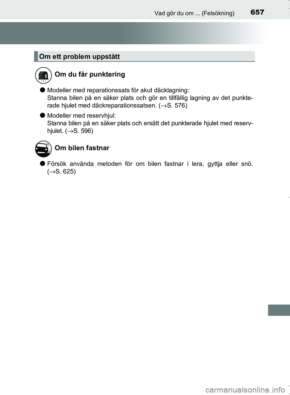 TOYOTA C_HR HYBRID 2016 Bruksanvisningar (in Swedish) 657Vad gör du om ... (Felsökning)
OM10538SE
●Modeller med reparationssats för akut däcklagning:
Stanna bilen på en säker plats och gör en tillfällig lagning av det punkte-
rade hjulet med d TOYOTA C_HR HYBRID 2016 Bruksanvisningar (in Swedish) 657Vad gör du om ... (Felsökning)
OM10538SE
●Modeller med reparationssats för akut däcklagning:
Stanna bilen på en säker plats och gör en tillfällig lagning av det punkte-
rade hjulet med d