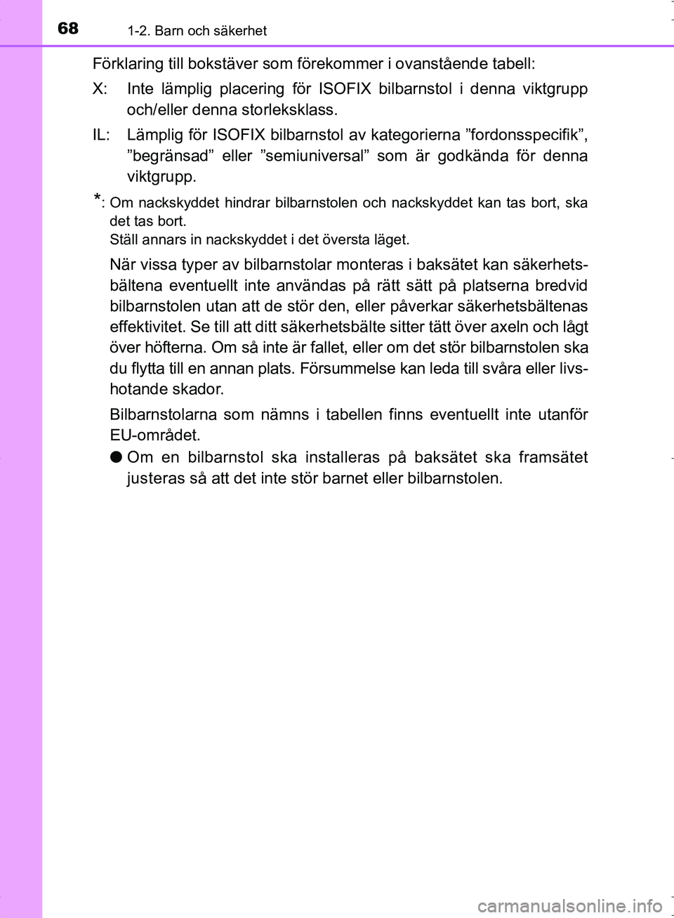 TOYOTA C_HR HYBRID 2016 Bruksanvisningar (in Swedish) 681-2. Barn och säkerhet
OM10538SE
Förklaring till bokstäver som förekommer i ovanstående tabell:
X: Inte lämplig placering för ISOFIX bilbarnstol i denna viktgrupp och/eller denna storlekskla TOYOTA C_HR HYBRID 2016 Bruksanvisningar (in Swedish) 681-2. Barn och säkerhet
OM10538SE
Förklaring till bokstäver som förekommer i ovanstående tabell:
X: Inte lämplig placering för ISOFIX bilbarnstol i denna viktgrupp och/eller denna storlekskla