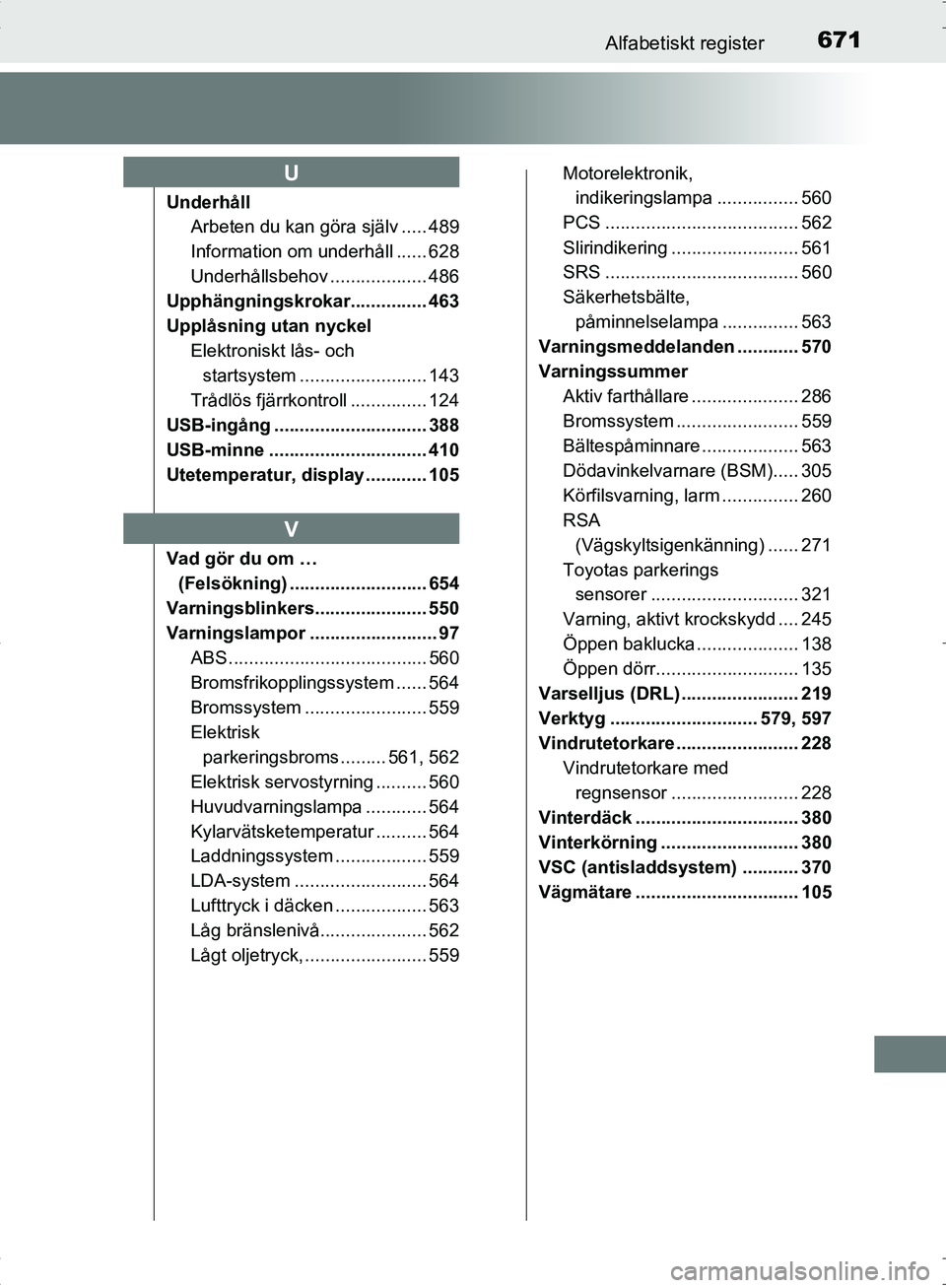 TOYOTA C_HR HYBRID 2017 Bruksanvisningar (in Swedish) 671Alfabetiskt register
OM10538SE
UnderhållArbeten du kan göra själv ..... 489
Information om underhåll ...... 628
Underhållsbehov ................... 486
Upphängningskrokar............... 463
U TOYOTA C_HR HYBRID 2017 Bruksanvisningar (in Swedish) 671Alfabetiskt register
OM10538SE
UnderhållArbeten du kan göra själv ..... 489
Information om underhåll ...... 628
Underhållsbehov ................... 486
Upphängningskrokar............... 463
U