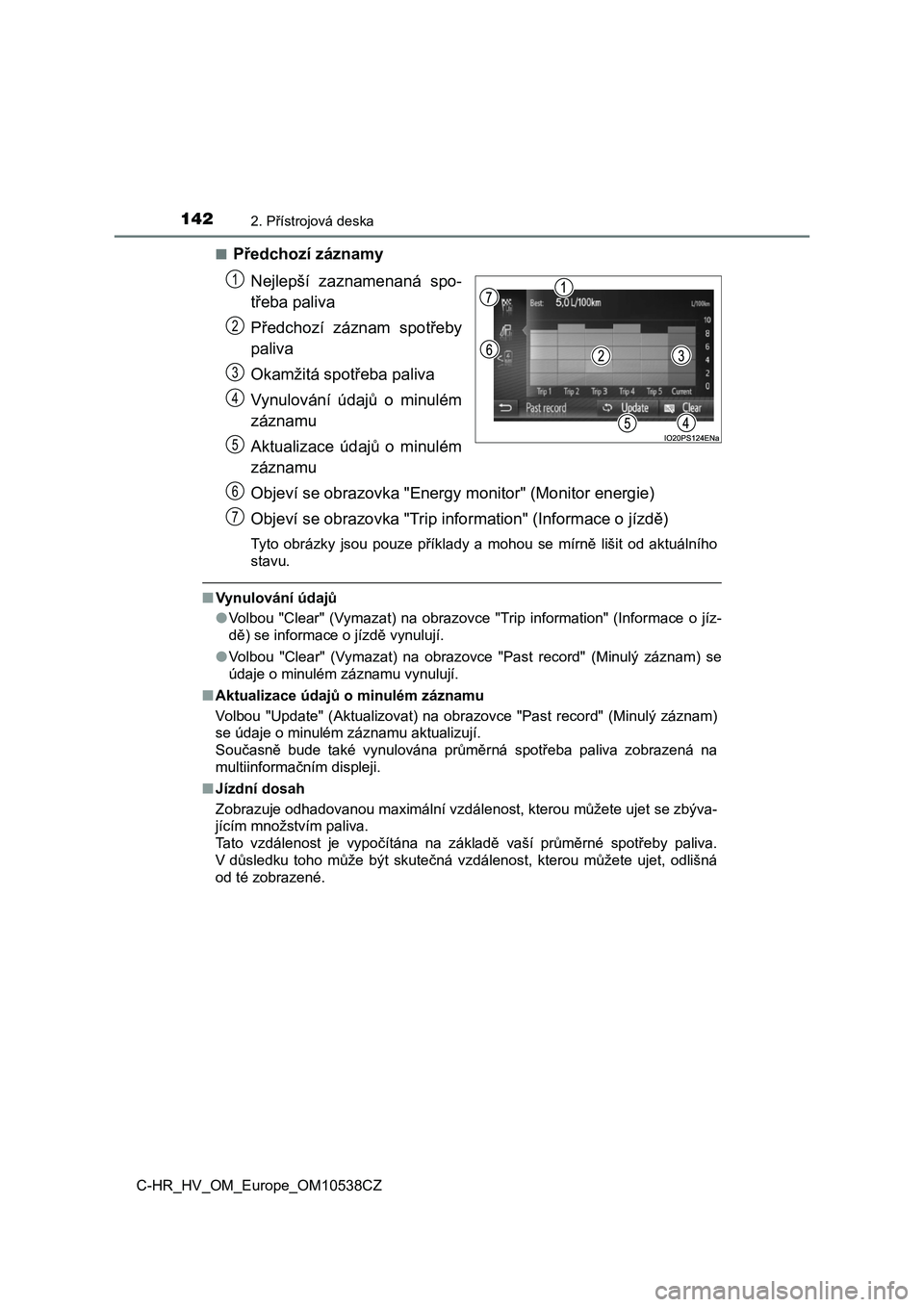 TOYOTA C_HR HYBRID 2017  Návod na použití (in Czech) 1422. Přístrojová deska
C-HR_HV_OM_Europe_OM10538CZ 
■Předchozí záznamy 
Nejlepší  zaznamenaná  spo- 
třeba paliva 
Předchozí  záznam  spotřeby 
paliva 
Okamžitá spotřeba paliva
Vyn