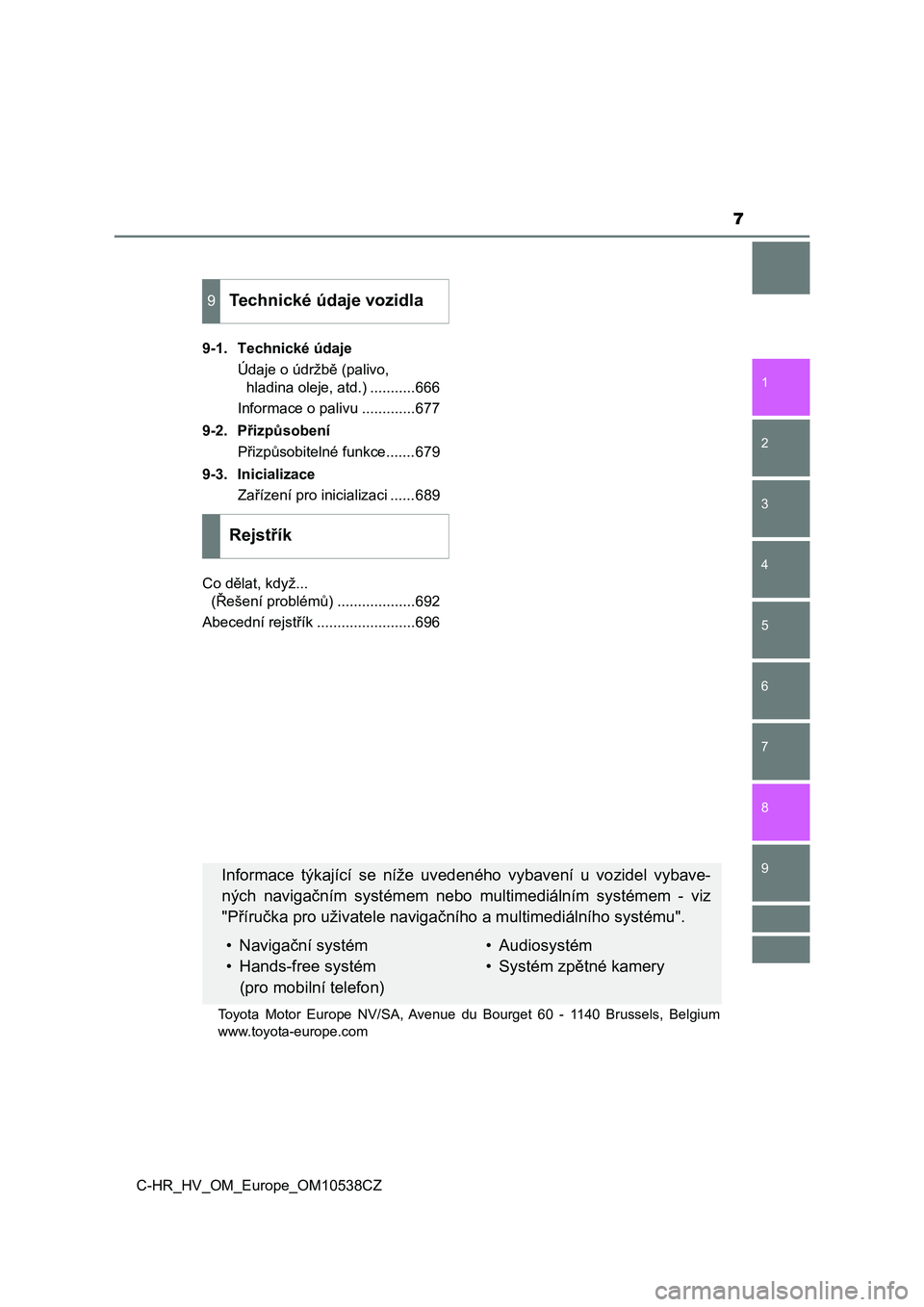TOYOTA C_HR HYBRID 2017  Návod na použití (in Czech) 7
1
6 5
4
3
2
C-HR_HV_OM_Europe_OM10538CZ
9
8
7
9-1. Technické údaje
Údaje o údržbě (palivo, 
hladina oleje, atd.) ...........666
Informace o palivu .............677
9-2. Přizpůsobení
Přizp�