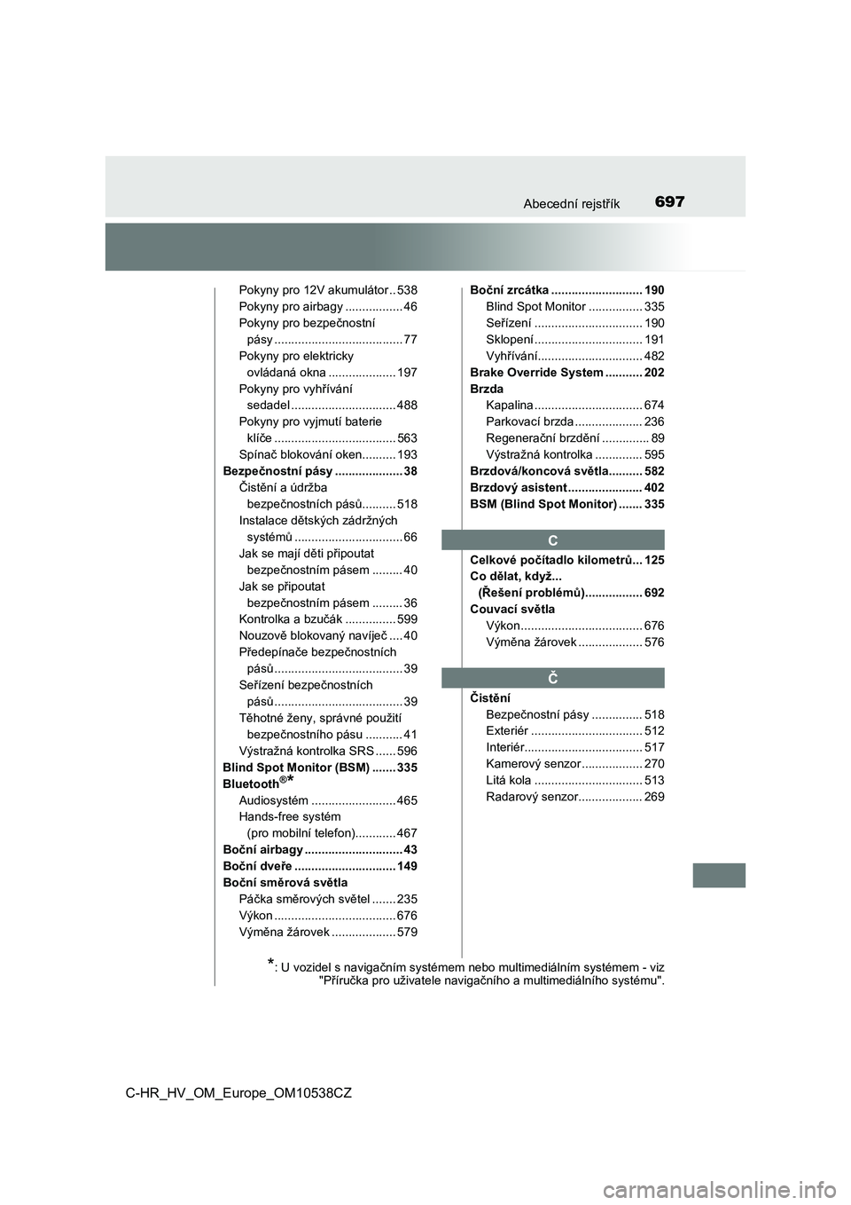 TOYOTA C_HR HYBRID 2017  Návod na použití (in Czech) 697Abecední rejstřík
C-HR_HV_OM_Europe_OM10538CZ
Pokyny pro 12V akumulátor .. 538
Pokyny pro airbagy ................. 46
Pokyny pro bezpečnostní 
pásy ...................................... 77