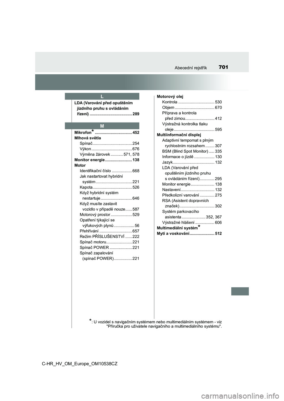 TOYOTA C_HR HYBRID 2017  Návod na použití (in Czech) 701Abecední rejstřík
C-HR_HV_OM_Europe_OM10538CZ
LDA (Varování před opuštěním 
jízdního pruhu s ovládáním 
řízení) ....................................... 289
Mikrofon
*..............
