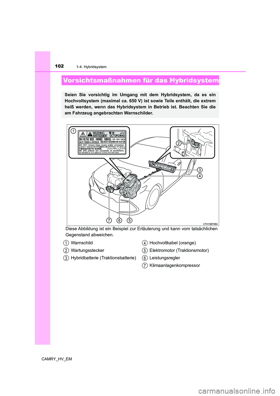 TOYOTA CAMRY 2023 Betriebsanleitungen (in German) 1021-4. Hybridsystem
CAMRY_HV_EM
Diese Abbildung ist ein Beispiel zur Erläuterung und kann vom tatsächlichen
Gegenstand abweichen.
Vorsichtsmaßnahmen für das Hybridsystem
Seien Sie vorsichtig im TOYOTA CAMRY 2023 Betriebsanleitungen (in German) 1021-4. Hybridsystem
CAMRY_HV_EM
Diese Abbildung ist ein Beispiel zur Erläuterung und kann vom tatsächlichen
Gegenstand abweichen.
Vorsichtsmaßnahmen für das Hybridsystem
Seien Sie vorsichtig im