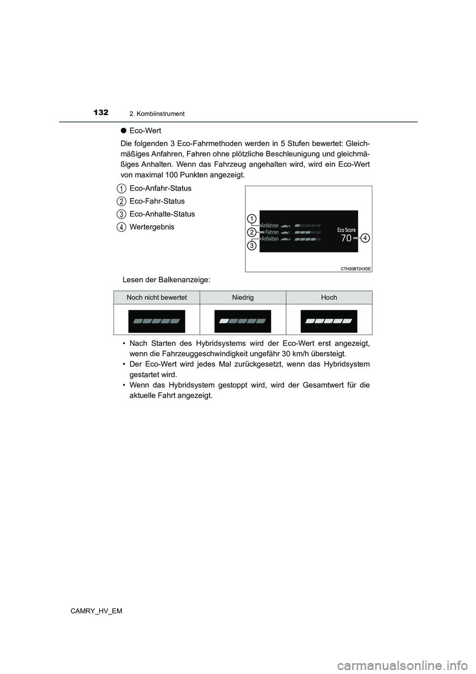 TOYOTA CAMRY 2023 Betriebsanleitungen (in German) 1322. Kombiinstrument
CAMRY_HV_EM
●Eco-Wert
Die folgenden 3 Eco-Fahrmethoden werden in 5 Stufen bewertet: Gleich-
mäßiges Anfahren, Fahren ohne plötzliche Beschleunigung und gleichmä-
ßiges TOYOTA CAMRY 2023 Betriebsanleitungen (in German) 1322. Kombiinstrument
CAMRY_HV_EM
●Eco-Wert
Die folgenden 3 Eco-Fahrmethoden werden in 5 Stufen bewertet: Gleich-
mäßiges Anfahren, Fahren ohne plötzliche Beschleunigung und gleichmä-
ßiges