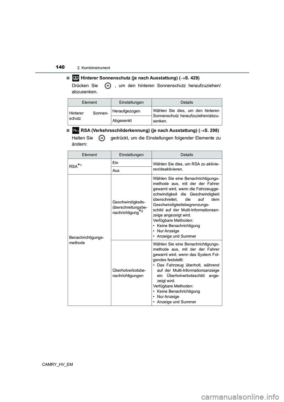 TOYOTA CAMRY 2023  Betriebsanleitungen (in German) 1402. Kombiinstrument
CAMRY_HV_EM 
■ Hinterer Sonnenschutz  (je nach Ausstattung) (S. 429) 
Drücken Sie  , um den hinteren Sonnenschutz heraufzuziehen/ 
abzusenken.
■ RSA (Verkehrsschilderkenn