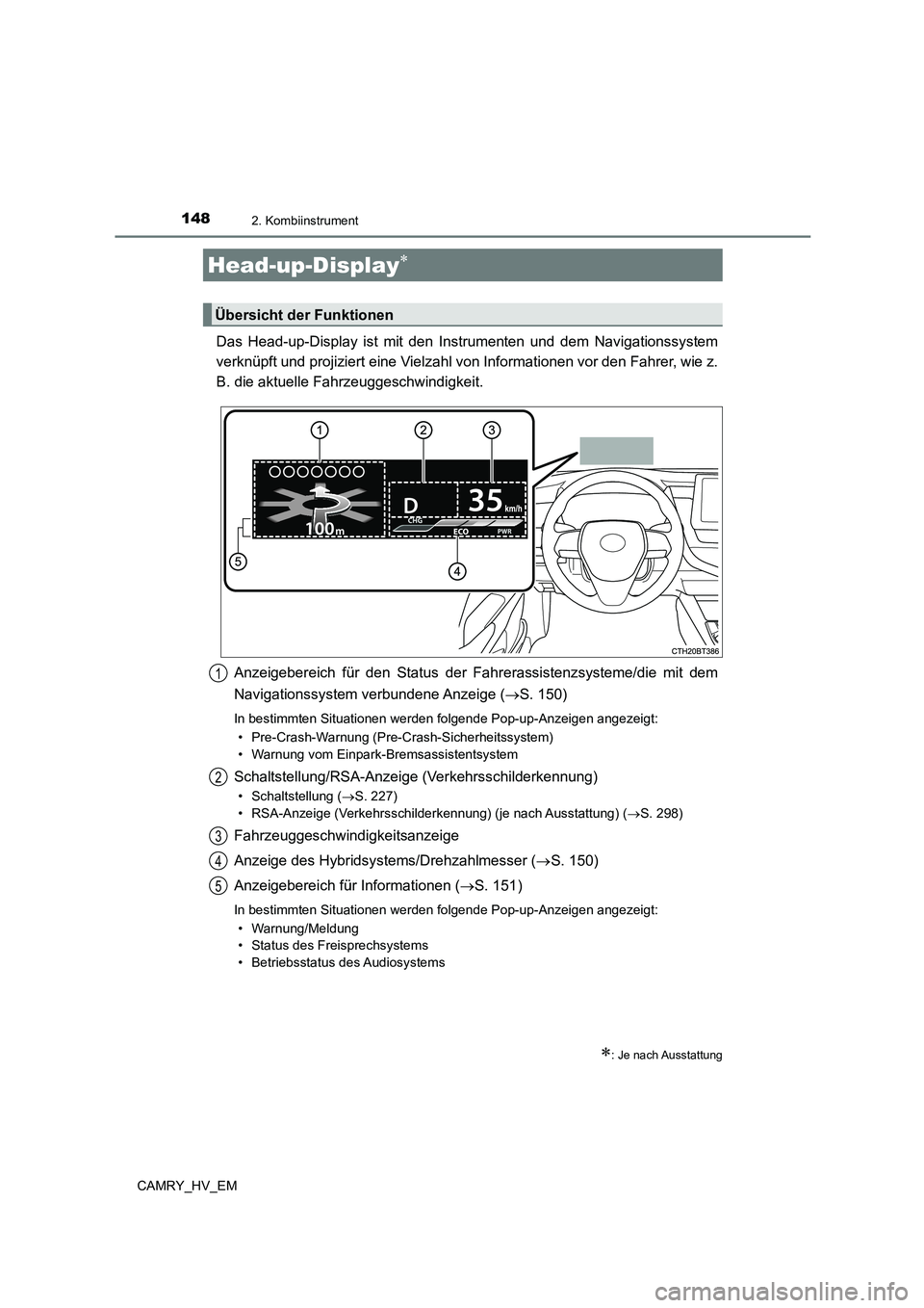 TOYOTA CAMRY 2023  Betriebsanleitungen (in German) 1482. Kombiinstrument
CAMRY_HV_EM
Das Head-up-Display ist mit den Instrumenten und dem Navigationssystem 
verknüpft und projiziert eine Vielzahl von Informationen vor den Fahrer, wie z. 
B. die aktue