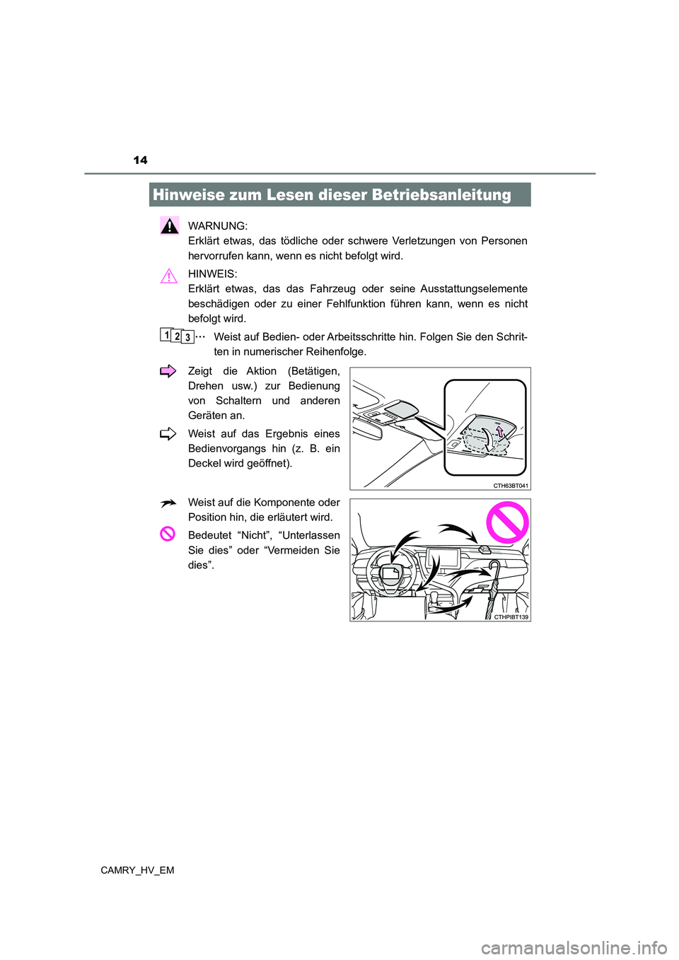 TOYOTA CAMRY 2023  Betriebsanleitungen (in German) 14
CAMRY_HV_EM
WARNUNG:  
Erklärt etwas, das tödliche oder schwere Verletzungen von Personen 
hervorrufen kann, wenn es nicht befolgt wird. 
HINWEIS:  
Erklärt etwas, das das Fahrzeug oder seine Au