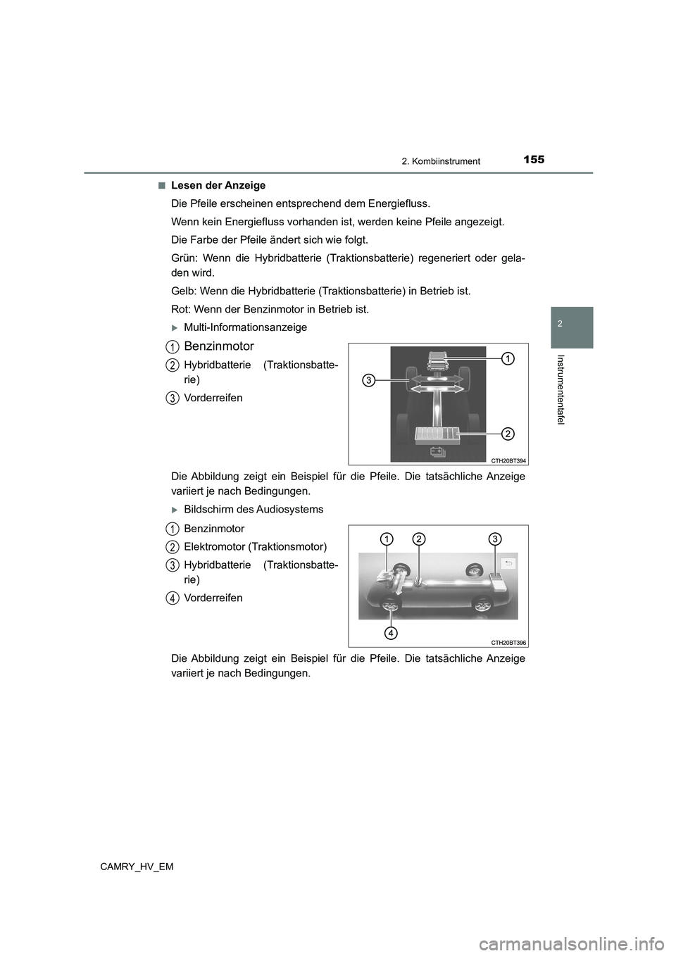 TOYOTA CAMRY 2023 Betriebsanleitungen (in German) 1552. Kombiinstrument
2
Instrumententafel
CAMRY_HV_EM
■Lesen der Anzeige
Die Pfeile erscheinen entsprechend dem Energiefluss.
Wenn kein Energiefluss vorhanden ist, werden keine Pfeile angezeigt.
TOYOTA CAMRY 2023 Betriebsanleitungen (in German) 1552. Kombiinstrument
2
Instrumententafel
CAMRY_HV_EM
■Lesen der Anzeige
Die Pfeile erscheinen entsprechend dem Energiefluss.
Wenn kein Energiefluss vorhanden ist, werden keine Pfeile angezeigt.