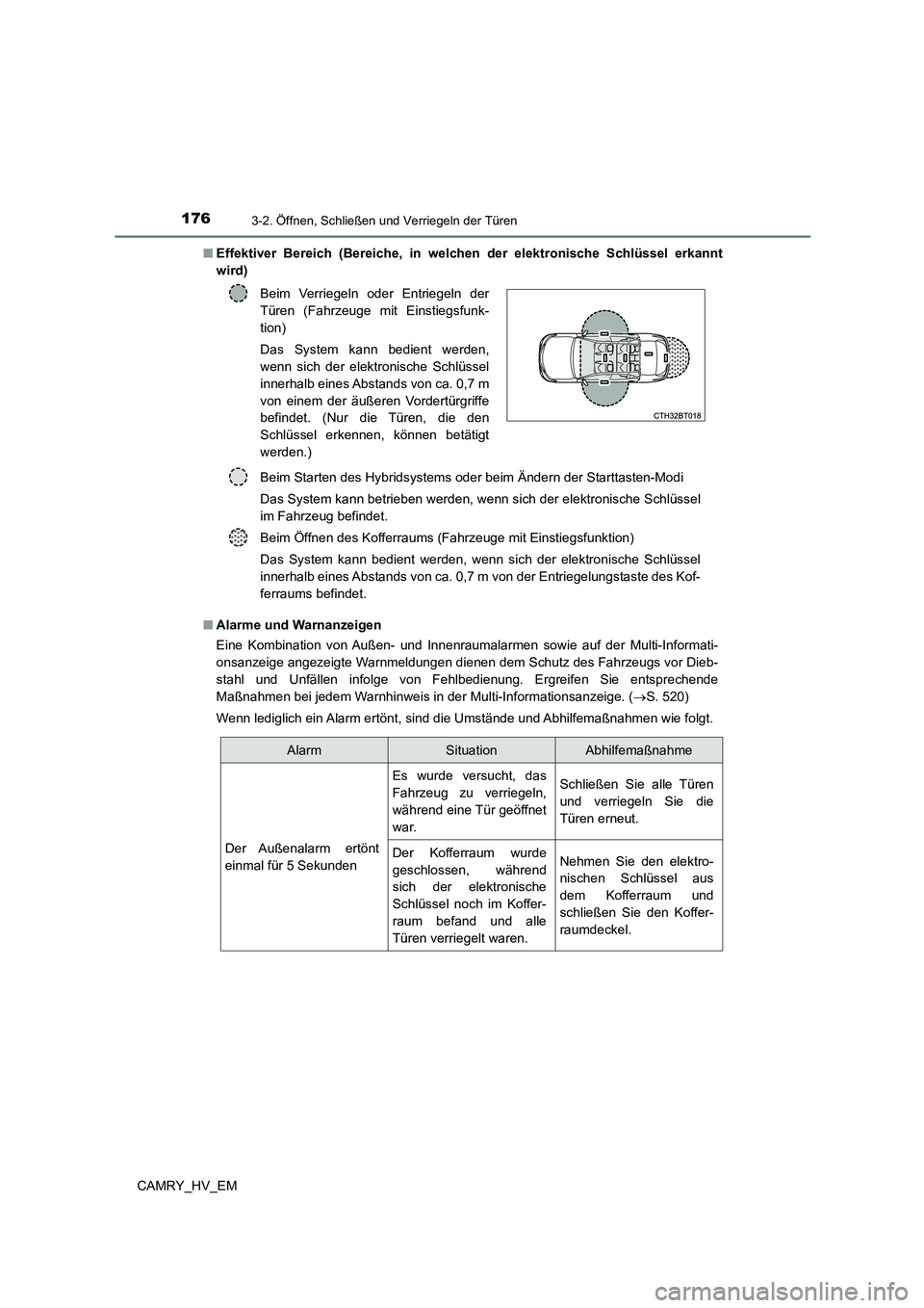 TOYOTA CAMRY 2023 Betriebsanleitungen (in German) 1763-2. Öffnen, Schließen und Verriegeln der Türen
CAMRY_HV_EM
■ Effektiver Bereich (Bereiche, in welchen der elektronische Schlüssel erkannt
wird)
■ Alarme und Warnanzeigen
Eine Kombinati TOYOTA CAMRY 2023 Betriebsanleitungen (in German) 1763-2. Öffnen, Schließen und Verriegeln der Türen
CAMRY_HV_EM
■ Effektiver Bereich (Bereiche, in welchen der elektronische Schlüssel erkannt
wird)
■ Alarme und Warnanzeigen
Eine Kombinati
