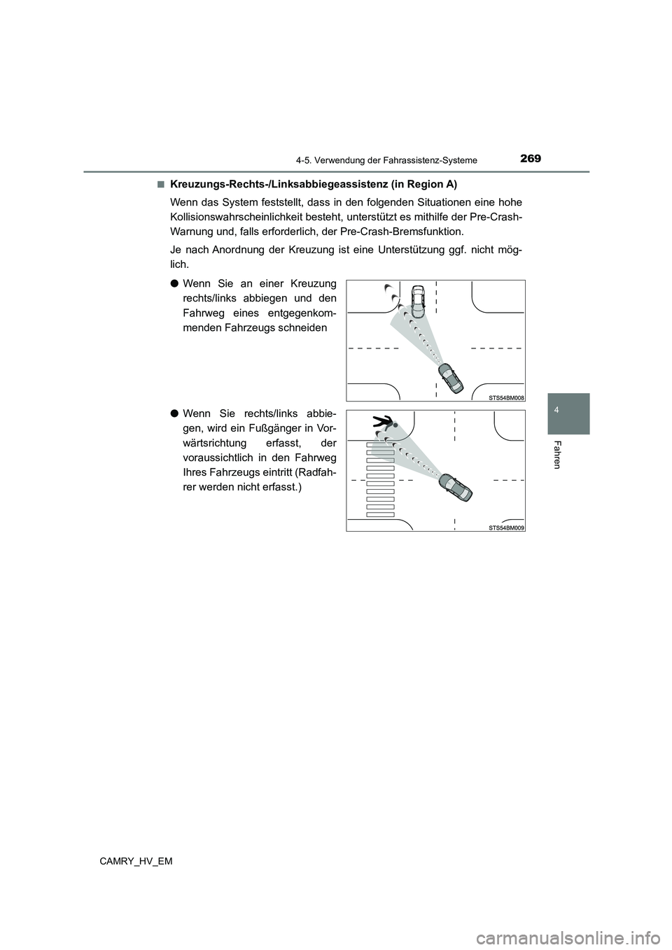 TOYOTA CAMRY 2023 Betriebsanleitungen (in German) 2694-5. Verwendung der Fahrassistenz-Systeme
4
Fahren
CAMRY_HV_EM
■Kreuzungs-Rechts-/Linksabbiegeassistenz (in Region A)
Wenn das System feststellt, dass in den folgenden Situationen eine hohe
Ko TOYOTA CAMRY 2023 Betriebsanleitungen (in German) 2694-5. Verwendung der Fahrassistenz-Systeme
4
Fahren
CAMRY_HV_EM
■Kreuzungs-Rechts-/Linksabbiegeassistenz (in Region A)
Wenn das System feststellt, dass in den folgenden Situationen eine hohe
Ko