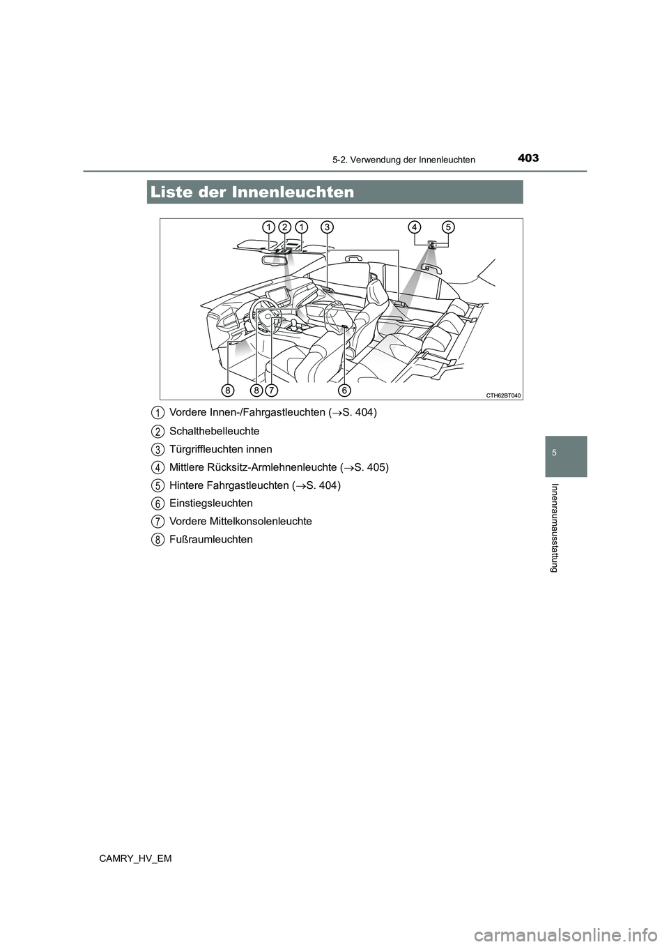 TOYOTA CAMRY 2023 Betriebsanleitungen (in German) 403
5
Innenraumausstattung
CAMRY_HV_EM
5-2. Verwendung der Innenleuchten
Vordere Innen-/Fahrgastleuchten (S. 404)
Schalthebelleuchte
Türgriffleuchten innen
Mittlere Rücksitz-Armlehnenleuchte ( TOYOTA CAMRY 2023 Betriebsanleitungen (in German) 403
5
Innenraumausstattung
CAMRY_HV_EM
5-2. Verwendung der Innenleuchten
Vordere Innen-/Fahrgastleuchten (S. 404)
Schalthebelleuchte
Türgriffleuchten innen
Mittlere Rücksitz-Armlehnenleuchte (
