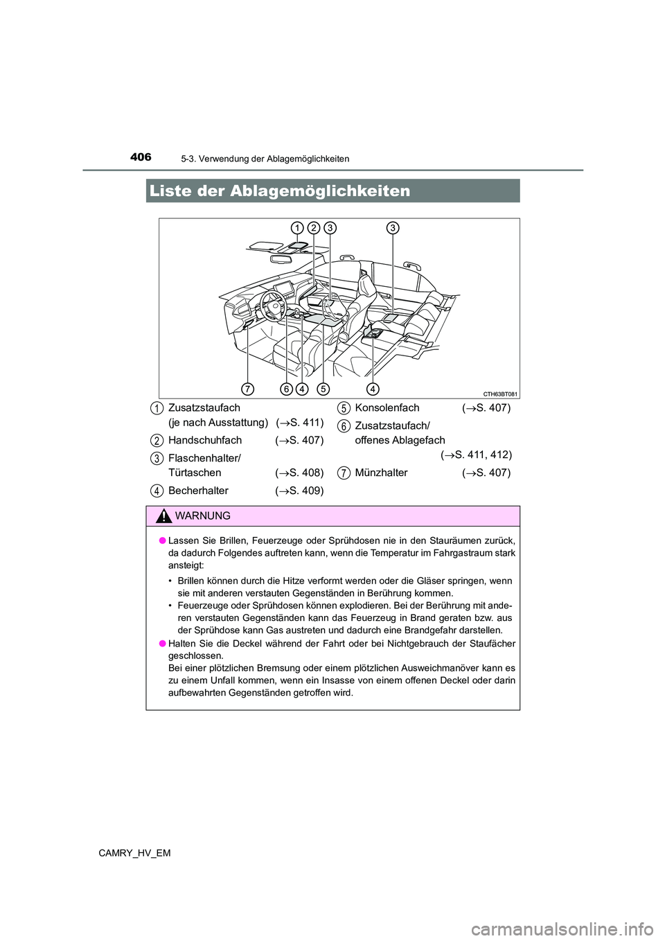TOYOTA CAMRY 2023 Betriebsanleitungen (in German) 406
CAMRY_HV_EM
5-3. Verwendung der Ablagemöglichkeiten
Liste der Ablagemöglichkeiten
Zusatzstaufach
(je nach Ausstattung) ( S. 411)
Handschuhfach ( S. 407)
Flaschenhalter/
Türtaschen ( TOYOTA CAMRY 2023 Betriebsanleitungen (in German) 406
CAMRY_HV_EM
5-3. Verwendung der Ablagemöglichkeiten
Liste der Ablagemöglichkeiten
Zusatzstaufach
(je nach Ausstattung) ( S. 411)
Handschuhfach ( S. 407)
Flaschenhalter/
Türtaschen (