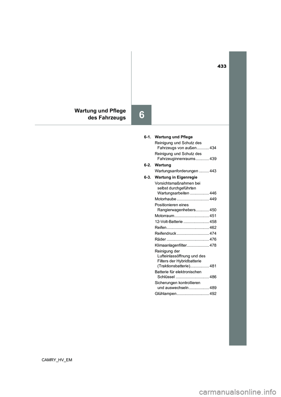 TOYOTA CAMRY 2023 Betriebsanleitungen (in German) 433
6
Wartung und Pflege
des Fahrzeugs
CAMRY_HV_EM
6-1. Wartung und Pflege
Reinigung und Schutz des
Fahrzeugs von außen ........... 434
Reinigung und Schutz des
Fahrzeuginnenraums .......... TOYOTA CAMRY 2023 Betriebsanleitungen (in German) 433
6
Wartung und Pflege
des Fahrzeugs
CAMRY_HV_EM
6-1. Wartung und Pflege
Reinigung und Schutz des
Fahrzeugs von außen ........... 434
Reinigung und Schutz des
Fahrzeuginnenraums ..........