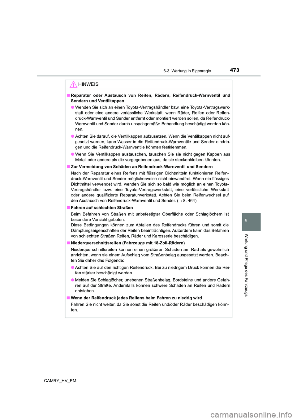 TOYOTA CAMRY 2023  Betriebsanleitungen (in German) 4736-3. Wartung in Eigenregie
6
Wartung und Pflege des Fahrzeugs
CAMRY_HV_EM
HINWEIS
■Reparatur oder Austausch von Reifen, Rädern, Reifendruck-Warnventil und 
Sendern und Ventilkappen 
● Wenden S