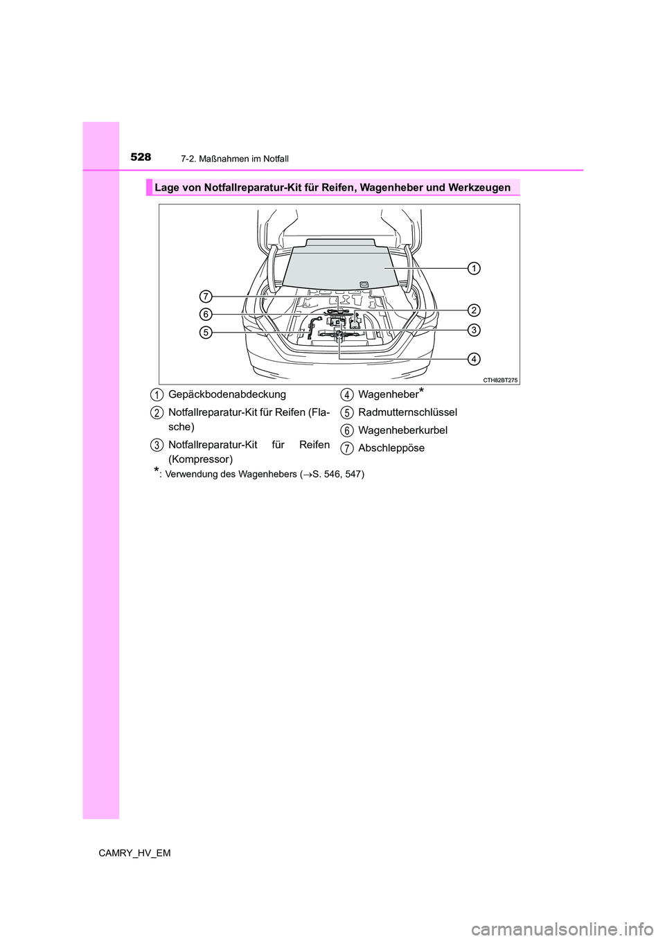 TOYOTA CAMRY 2023 Betriebsanleitungen (in German) 5287-2. Maßnahmen im Notfall
CAMRY_HV_EM
*: Verwendung des Wagenhebers (S. 546, 547)
Lage von Notfallreparatur-Kit für Reifen, Wagenheber und Werkzeugen
Gepäckbodenabdeckung
Notfallreparatur-K TOYOTA CAMRY 2023 Betriebsanleitungen (in German) 5287-2. Maßnahmen im Notfall
CAMRY_HV_EM
*: Verwendung des Wagenhebers (S. 546, 547)
Lage von Notfallreparatur-Kit für Reifen, Wagenheber und Werkzeugen
Gepäckbodenabdeckung
Notfallreparatur-K
