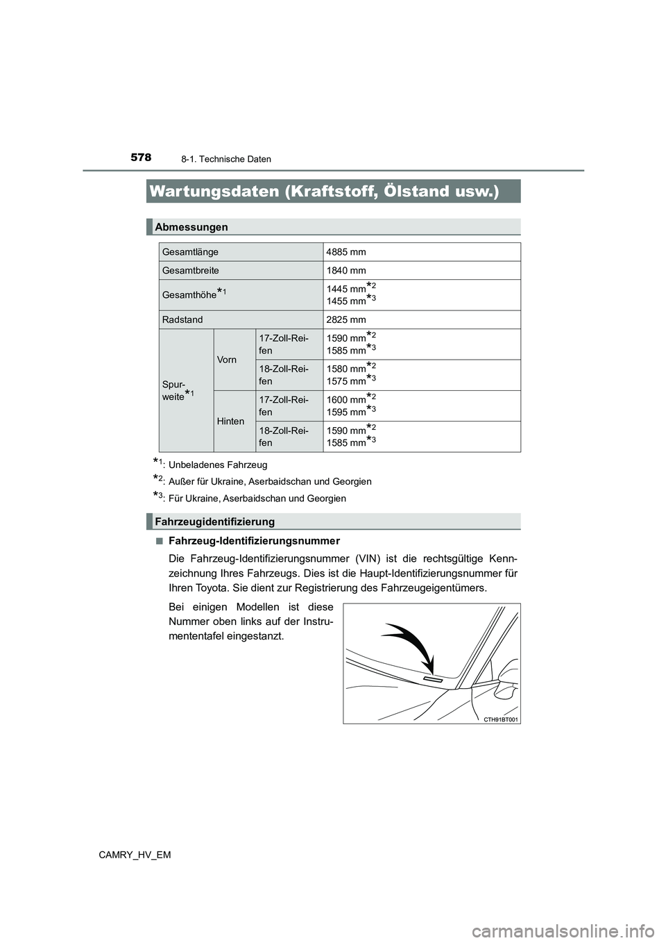 TOYOTA CAMRY 2023 Betriebsanleitungen (in German) 578
CAMRY_HV_EM
8-1. Technische Daten
*1: Unbeladenes Fahrzeug
*2: Außer für Ukraine, Aserbaidschan und Georgien
*3: Für Ukraine, Aserbaidschan und Georgien
■Fahrzeug-Identifizierungsnummer
Die TOYOTA CAMRY 2023 Betriebsanleitungen (in German) 578
CAMRY_HV_EM
8-1. Technische Daten
*1: Unbeladenes Fahrzeug
*2: Außer für Ukraine, Aserbaidschan und Georgien
*3: Für Ukraine, Aserbaidschan und Georgien
■Fahrzeug-Identifizierungsnummer
Die