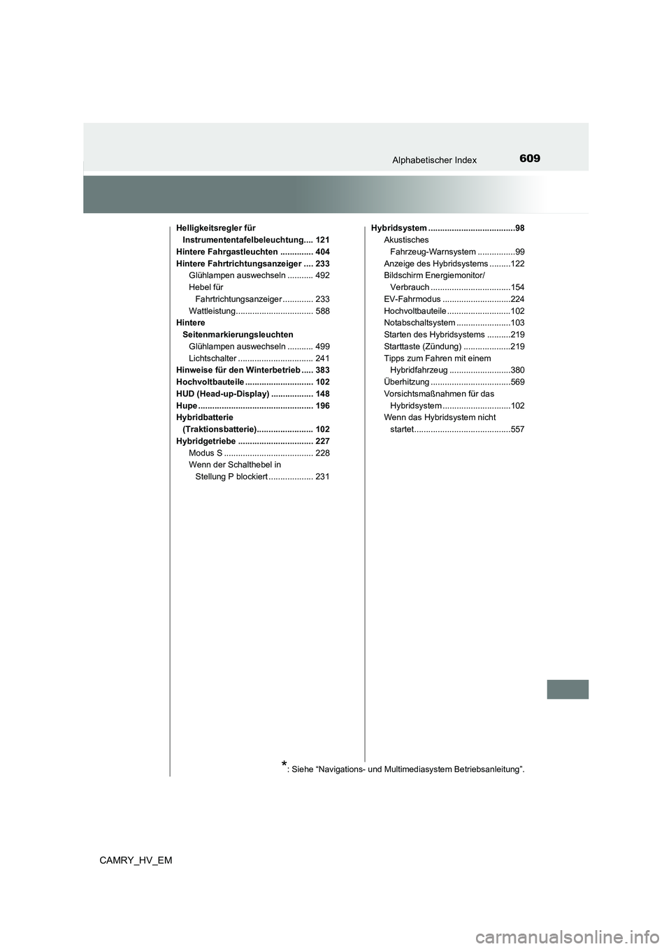TOYOTA CAMRY 2023 Betriebsanleitungen (in German) 609Alphabetischer Index
CAMRY_HV_EM
Helligkeitsregler für
Instrumententafelbeleuchtung.... 121
Hintere Fahrgastleuchten .............. 404
Hintere Fahrtrichtungsanzeiger .... 233
Glühlampen auswec TOYOTA CAMRY 2023 Betriebsanleitungen (in German) 609Alphabetischer Index
CAMRY_HV_EM
Helligkeitsregler für
Instrumententafelbeleuchtung.... 121
Hintere Fahrgastleuchten .............. 404
Hintere Fahrtrichtungsanzeiger .... 233
Glühlampen auswec