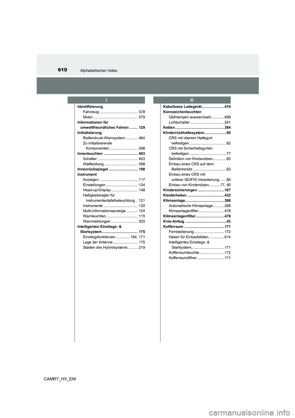 TOYOTA CAMRY 2023  Betriebsanleitungen (in German) 610Alphabetischer Index
CAMRY_HV_EM
Identifizierung 
Fahrzeug ..................................... 578
Motor ........................................... 579
Informationen für 
umweltfreundliches Fah