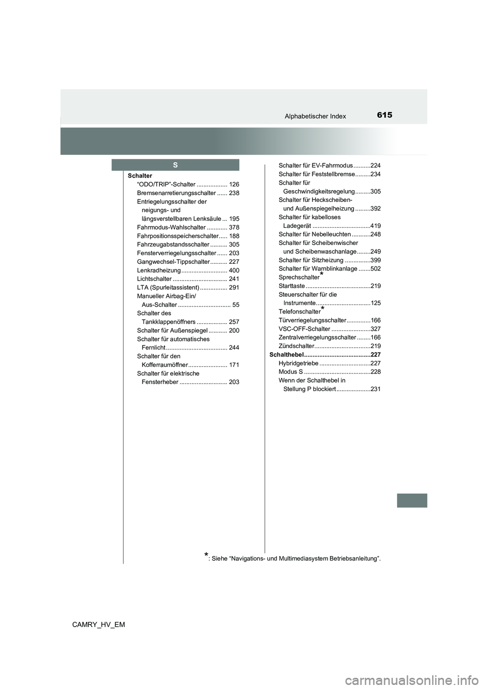 TOYOTA CAMRY 2023 Betriebsanleitungen (in German) 615Alphabetischer Index
CAMRY_HV_EM
Schalter
“ODO/TRIP”-Schalter .................. 126
Bremsenarretierungsschalter ...... 238
Entriegelungsschalter der
neigungs- und
längsverstellbaren Lenks TOYOTA CAMRY 2023 Betriebsanleitungen (in German) 615Alphabetischer Index
CAMRY_HV_EM
Schalter
“ODO/TRIP”-Schalter .................. 126
Bremsenarretierungsschalter ...... 238
Entriegelungsschalter der
neigungs- und
längsverstellbaren Lenks