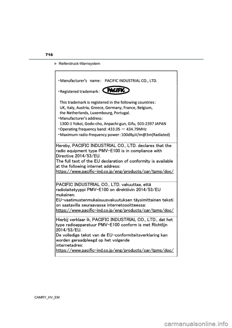 TOYOTA CAMRY 2023  Betriebsanleitungen (in German) 716
CAMRY_HV_EM
Reifendruck-Warnsystem 