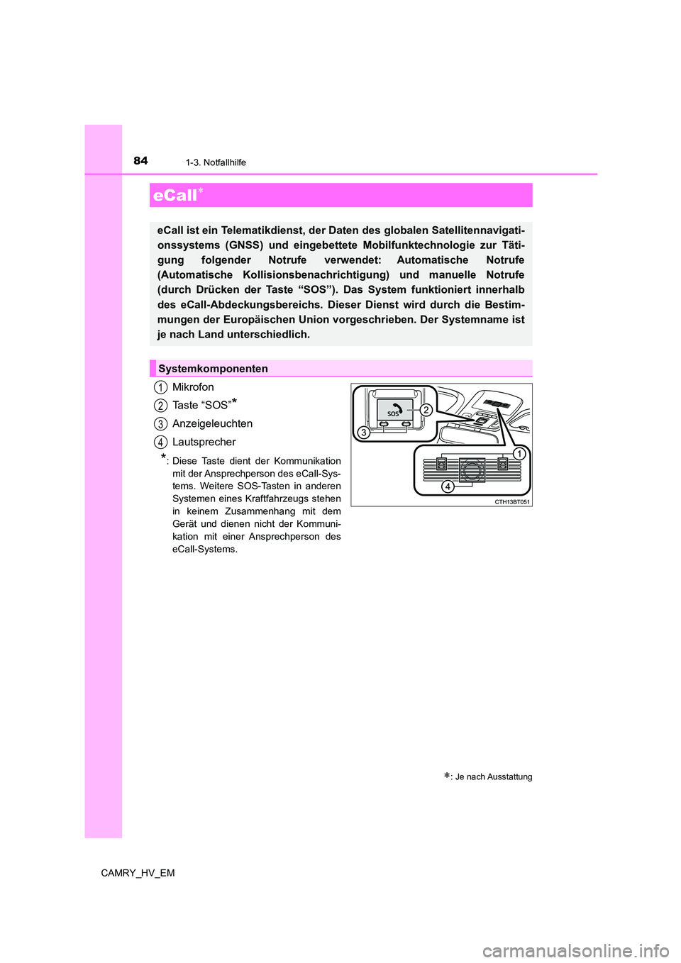 TOYOTA CAMRY 2023 Betriebsanleitungen (in German) 84
CAMRY_HV_EM
1-3. Notfallhilfe
Mikrofon
Taste “SOS”*
Anzeigeleuchten
Lautsprecher
*: Diese Taste dient der Kommunikation
mit der Ansprechperson des eCall-Sys-
tems. Weitere SOS-Tasten in and TOYOTA CAMRY 2023 Betriebsanleitungen (in German) 84
CAMRY_HV_EM
1-3. Notfallhilfe
Mikrofon
Taste “SOS”*
Anzeigeleuchten
Lautsprecher
*: Diese Taste dient der Kommunikation
mit der Ansprechperson des eCall-Sys-
tems. Weitere SOS-Tasten in and