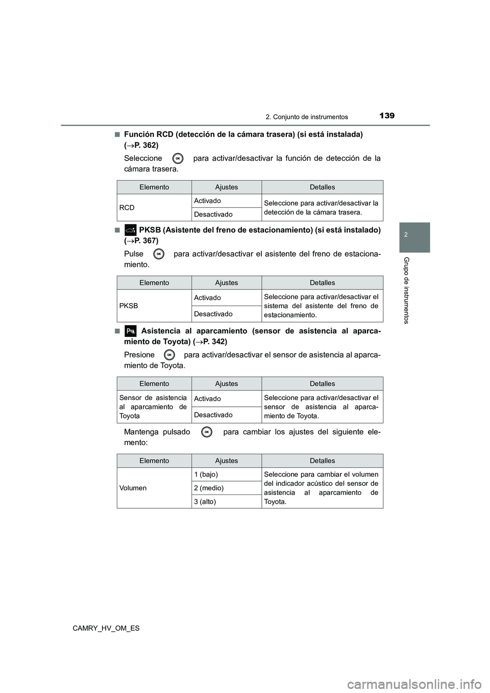 TOYOTA CAMRY 2023 Manual del propietario (in Spanish) 1392. Conjunto de instrumentos
2
Grupo de instrumentos
CAMRY_HV_OM_ES
■Función RCD (detección de la cáma ra trasera) (si está instalada)
( P. 362)
Seleccione para activar/desactivar la TOYOTA CAMRY 2023 Manual del propietario (in Spanish) 1392. Conjunto de instrumentos
2
Grupo de instrumentos
CAMRY_HV_OM_ES
■Función RCD (detección de la cáma ra trasera) (si está instalada)
( P. 362)
Seleccione para activar/desactivar la