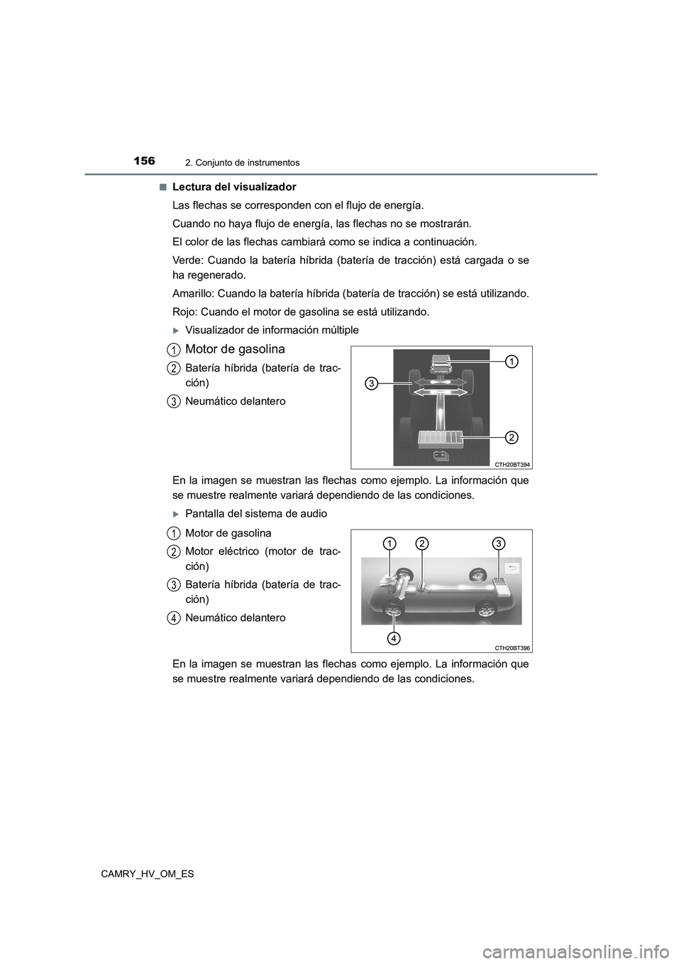 TOYOTA CAMRY 2023 Manual del propietario (in Spanish) 1562. Conjunto de instrumentos
CAMRY_HV_OM_ES
■Lectura del visualizador
Las flechas se corresponden con el flujo de energía.
Cuando no haya flujo de energía, las flechas no se mostrarán.
El co TOYOTA CAMRY 2023 Manual del propietario (in Spanish) 1562. Conjunto de instrumentos
CAMRY_HV_OM_ES
■Lectura del visualizador
Las flechas se corresponden con el flujo de energía.
Cuando no haya flujo de energía, las flechas no se mostrarán.
El co