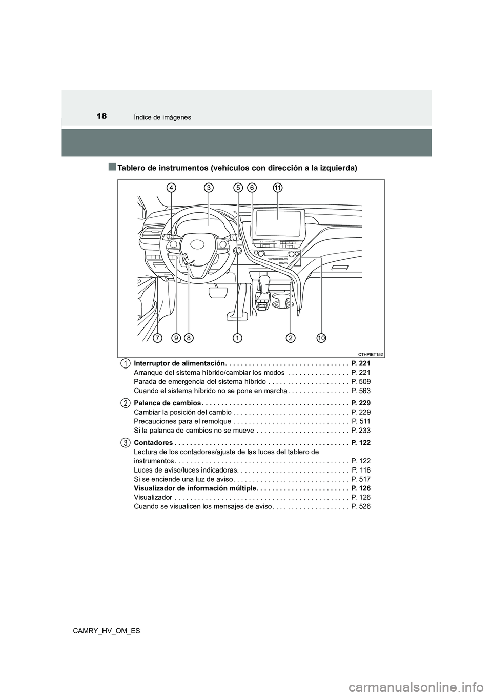 TOYOTA CAMRY 2023 Manual del propietario (in Spanish) 18Índice de imágenes
CAMRY_HV_OM_ES
■Tablero de instrumentos (vehículos con dirección a la izquierda)
Interruptor de alimentación . . . . . . . . . . . . . . . . . . . . . . . . . . . . . . . . TOYOTA CAMRY 2023 Manual del propietario (in Spanish) 18Índice de imágenes
CAMRY_HV_OM_ES
■Tablero de instrumentos (vehículos con dirección a la izquierda)
Interruptor de alimentación . . . . . . . . . . . . . . . . . . . . . . . . . . . . . . . .