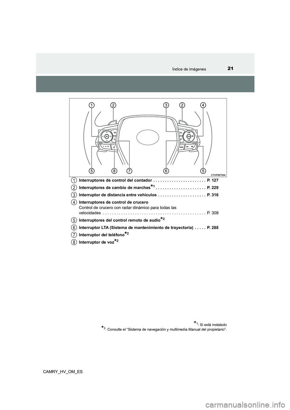 TOYOTA CAMRY 2023 Manual del propietario (in Spanish) 21Índice de imágenes
CAMRY_HV_OM_ES
Interruptores de control del contador . . . . . . . . . . . . . . . . . . . . . . . P. 127
Interruptores de cambio de marchas*1. . . . . . . . . . . . . . . . TOYOTA CAMRY 2023 Manual del propietario (in Spanish) 21Índice de imágenes
CAMRY_HV_OM_ES
Interruptores de control del contador . . . . . . . . . . . . . . . . . . . . . . . P. 127
Interruptores de cambio de marchas*1. . . . . . . . . . . . . . . .