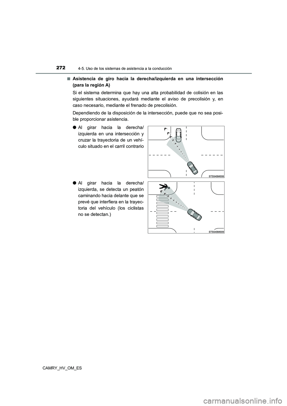 TOYOTA CAMRY 2023 Manual del propietario (in Spanish) 2724-5. Uso de los sistemas de asistencia a la conducción
CAMRY_HV_OM_ES
■Asistencia de giro hacia la der echa/izquierda en una intersección
(para la región A)
Si el sistema determina que hay TOYOTA CAMRY 2023 Manual del propietario (in Spanish) 2724-5. Uso de los sistemas de asistencia a la conducción
CAMRY_HV_OM_ES
■Asistencia de giro hacia la der echa/izquierda en una intersección
(para la región A)
Si el sistema determina que hay