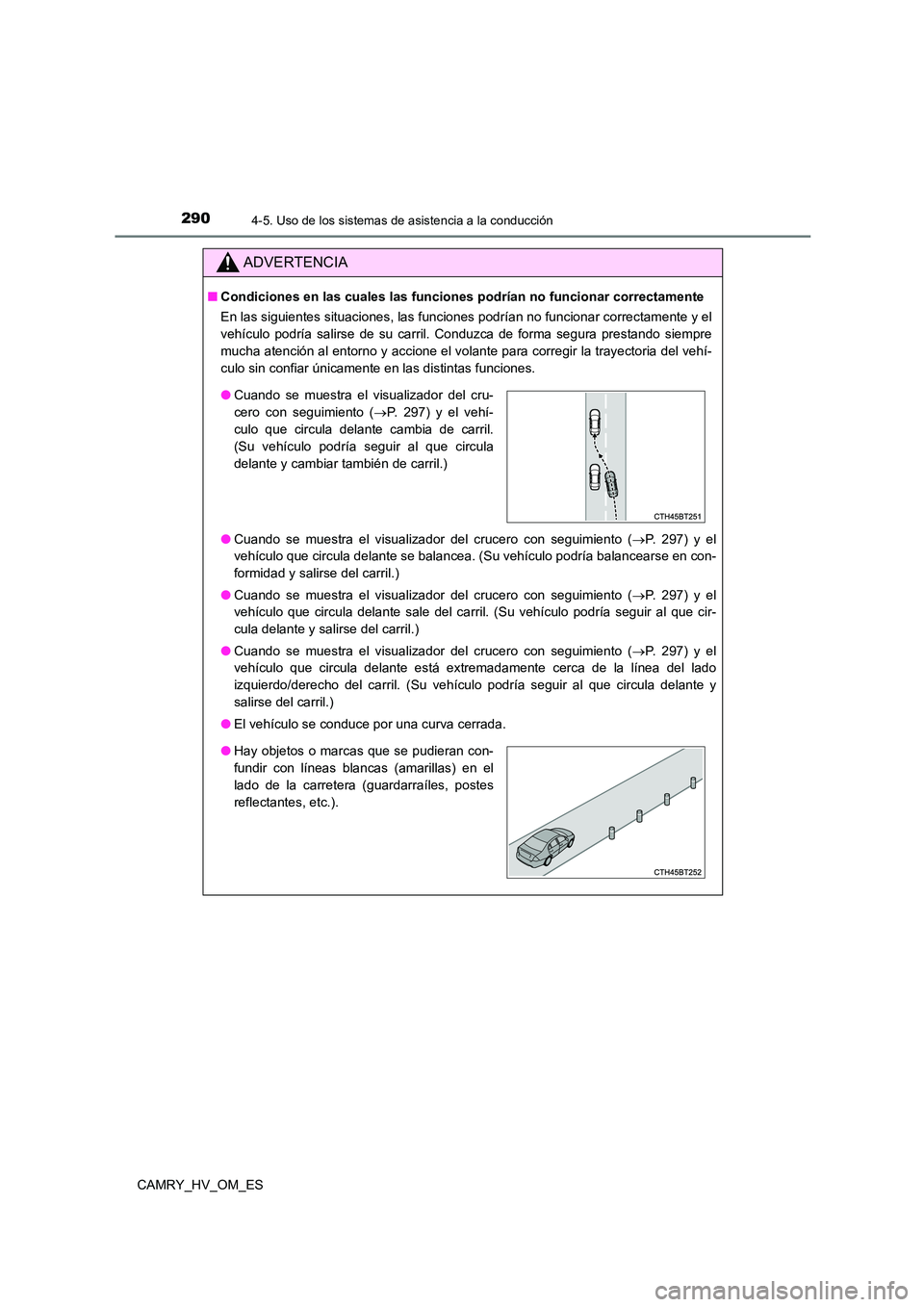 TOYOTA CAMRY 2023 Manual del propietario (in Spanish) 2904-5. Uso de los sistemas de asistencia a la conducción
CAMRY_HV_OM_ES
ADVERTENCIA
■Condiciones en las cuales las funciones podrían no funcionar correctamente
En las siguientes situaciones, las TOYOTA CAMRY 2023 Manual del propietario (in Spanish) 2904-5. Uso de los sistemas de asistencia a la conducción
CAMRY_HV_OM_ES
ADVERTENCIA
■Condiciones en las cuales las funciones podrían no funcionar correctamente
En las siguientes situaciones, las