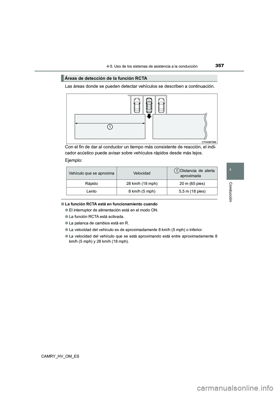 TOYOTA CAMRY 2023 Manual del propietario (in Spanish) 3574-5. Uso de los sistemas de asistencia a la conducción
4
Conducción
CAMRY_HV_OM_ES
Las áreas donde se pueden detectar vehículos se describen a continuación.
Con el fin de dar al conductor un TOYOTA CAMRY 2023 Manual del propietario (in Spanish) 3574-5. Uso de los sistemas de asistencia a la conducción
4
Conducción
CAMRY_HV_OM_ES
Las áreas donde se pueden detectar vehículos se describen a continuación.
Con el fin de dar al conductor un