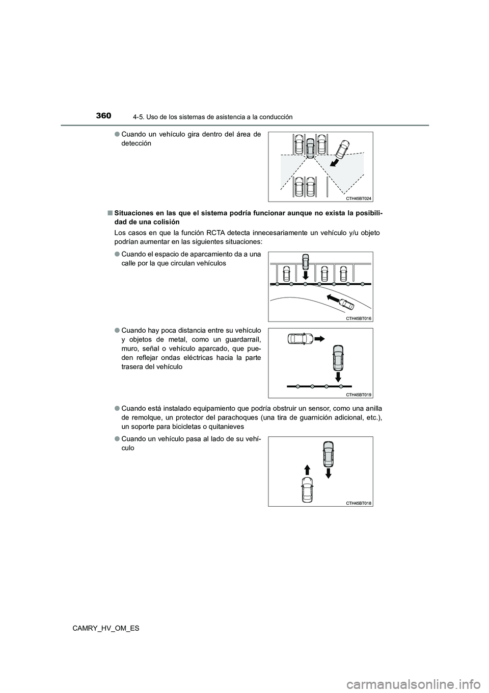 TOYOTA CAMRY 2023 Manual del propietario (in Spanish) 3604-5. Uso de los sistemas de asistencia a la conducción
CAMRY_HV_OM_ES
■ Situaciones en las que el sistema podría funcionar aunque no exista la posibili-
dad de una colisión
Los casos en que TOYOTA CAMRY 2023 Manual del propietario (in Spanish) 3604-5. Uso de los sistemas de asistencia a la conducción
CAMRY_HV_OM_ES
■ Situaciones en las que el sistema podría funcionar aunque no exista la posibili-
dad de una colisión
Los casos en que