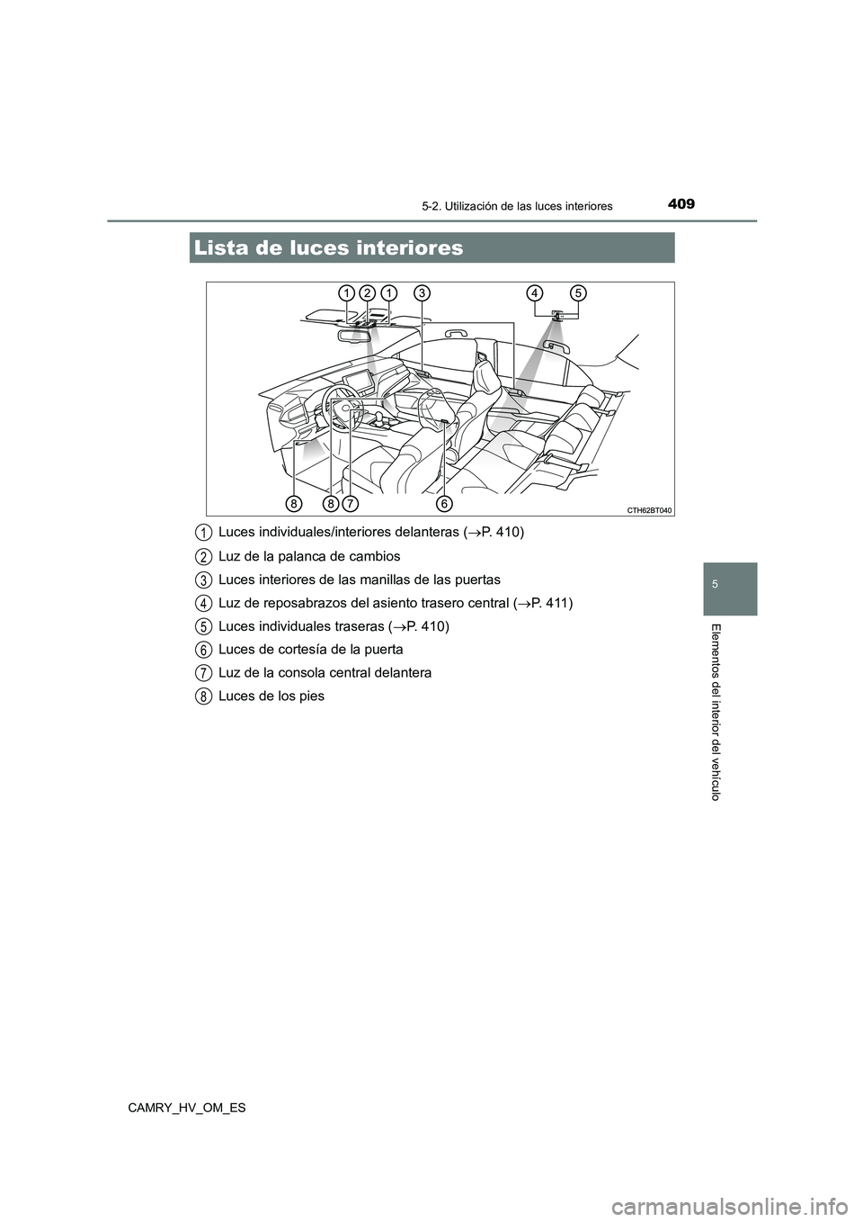 TOYOTA CAMRY 2023 Manual del propietario (in Spanish) 409
CAMRY_HV_OM_ES
5
Elementos del interior del vehículo
5-2. Utilización de las luces interiores
Luces individuales/interiores delanteras (P. 410)
Luz de la palanca de cambios
Luces interiores TOYOTA CAMRY 2023 Manual del propietario (in Spanish) 409
CAMRY_HV_OM_ES
5
Elementos del interior del vehículo
5-2. Utilización de las luces interiores
Luces individuales/interiores delanteras (P. 410)
Luz de la palanca de cambios
Luces interiores
