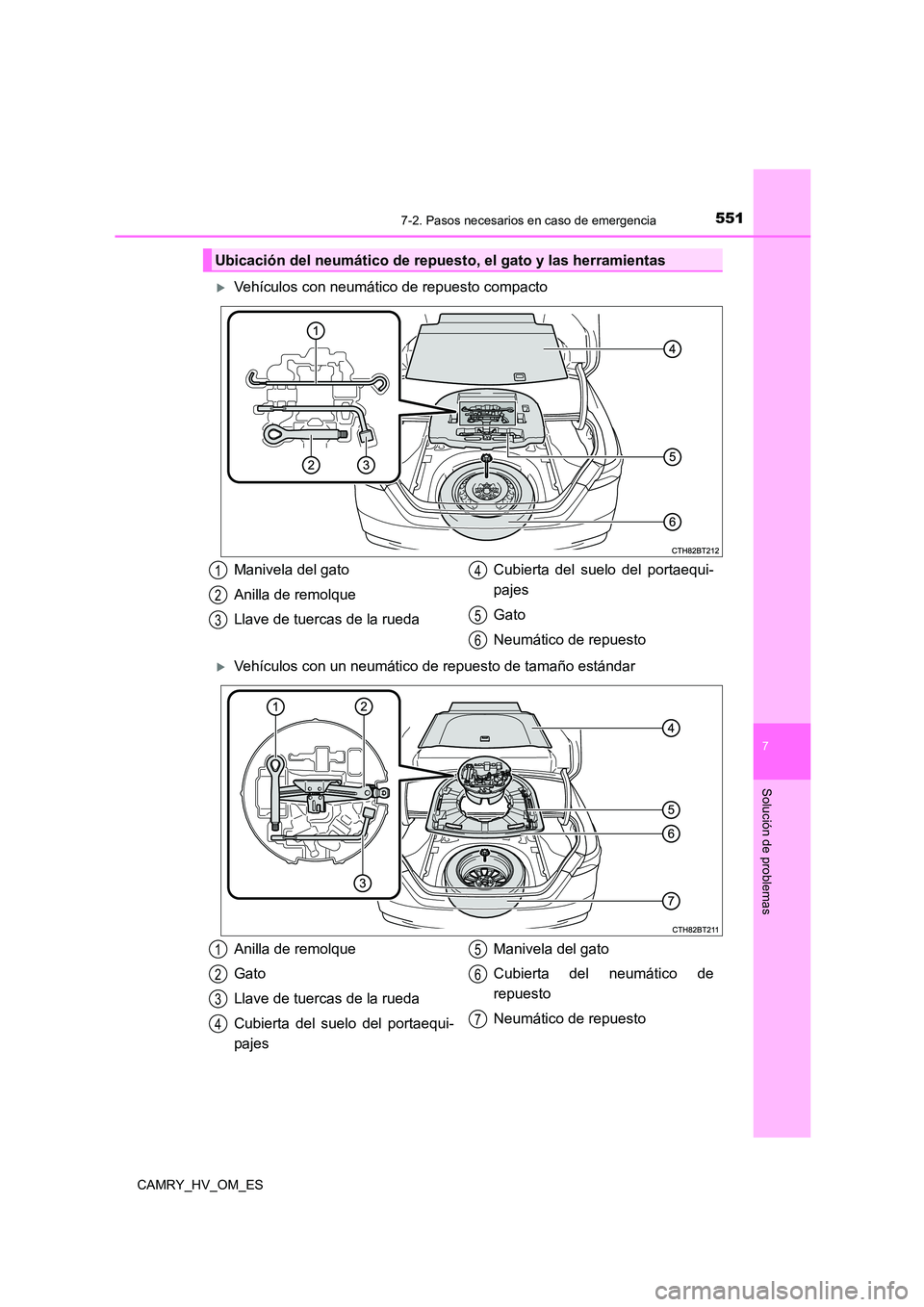TOYOTA CAMRY 2023 Manual del propietario (in Spanish) 5517-2. Pasos necesarios en caso de emergencia
7
Solución de problemas
CAMRY_HV_OM_ES
Vehículos con neumático de repuesto compacto
Vehículos con un neumático de repuesto de tamaño estánda TOYOTA CAMRY 2023 Manual del propietario (in Spanish) 5517-2. Pasos necesarios en caso de emergencia
7
Solución de problemas
CAMRY_HV_OM_ES
Vehículos con neumático de repuesto compacto
Vehículos con un neumático de repuesto de tamaño estánda