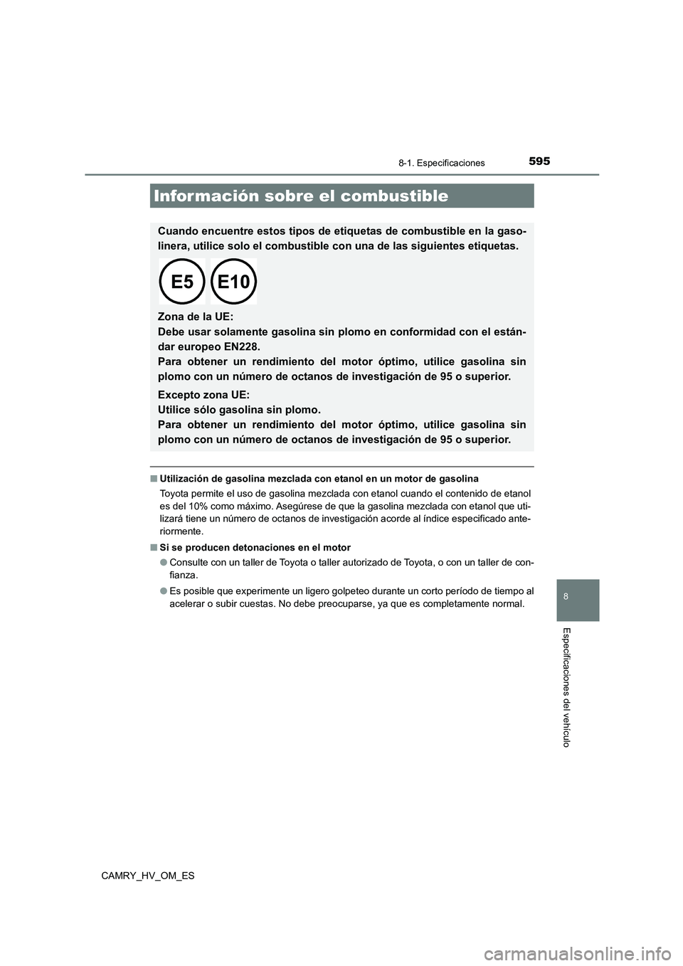 TOYOTA CAMRY 2023  Manual del propietario (in Spanish) 595
8
8-1. Especificaciones
Especificaciones del vehículo
CAMRY_HV_OM_ES
■Utilización de gasolina mezclada con etanol en un motor de gasolina 
Toyota permite el uso de gasolina mezclada con etanol