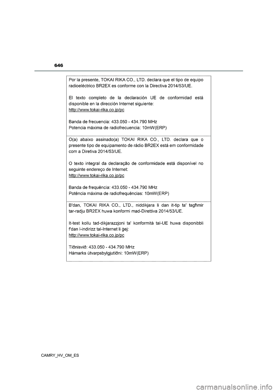TOYOTA CAMRY 2023  Manual del propietario (in Spanish) 646
CAMRY_HV_OM_ES 