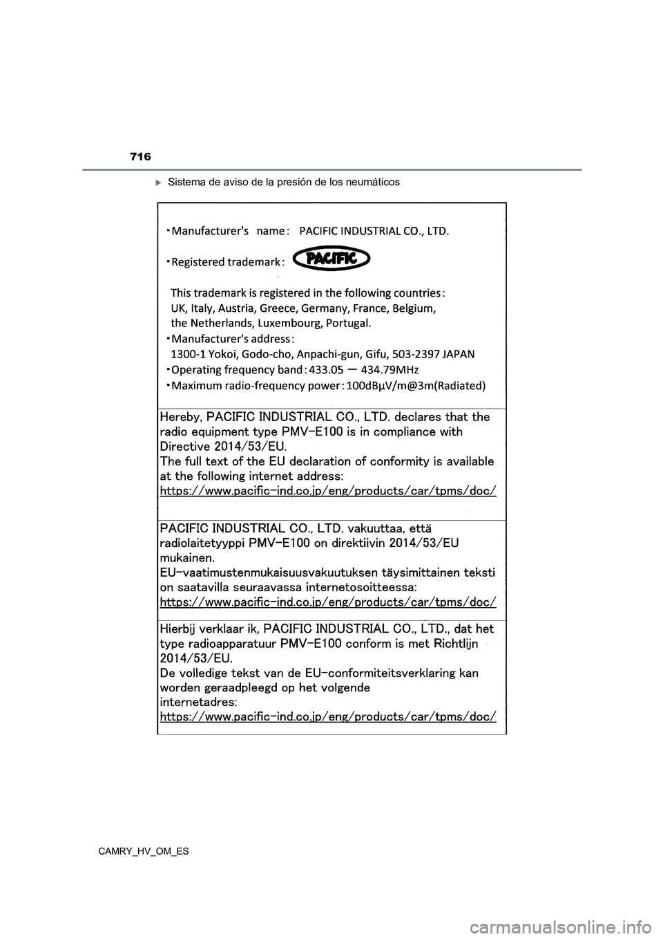 TOYOTA CAMRY 2023 Manual del propietario (in Spanish) 716
CAMRY_HV_OM_ES
Sistema de aviso de la presión de los neumáticos TOYOTA CAMRY 2023 Manual del propietario (in Spanish) 716
CAMRY_HV_OM_ES
Sistema de aviso de la presión de los neumáticos